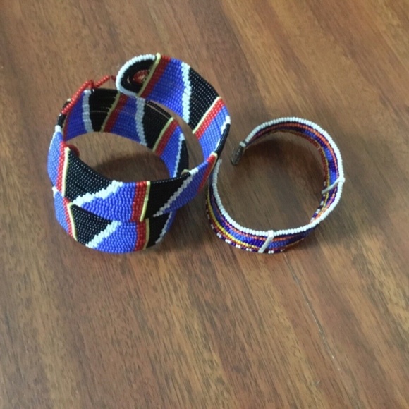 BUNDLE: African Patterned Beaded Painted Bangle Bracelet Trios (Multiple Colors) - Picture 10 of 12
